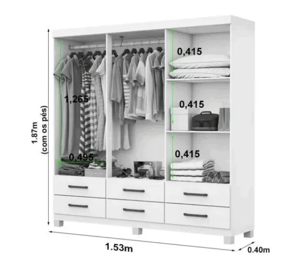 Guarda Roupa Dallas 6 Portas 6 Gavetas Branco Carioca Móveis - Imagem 3
