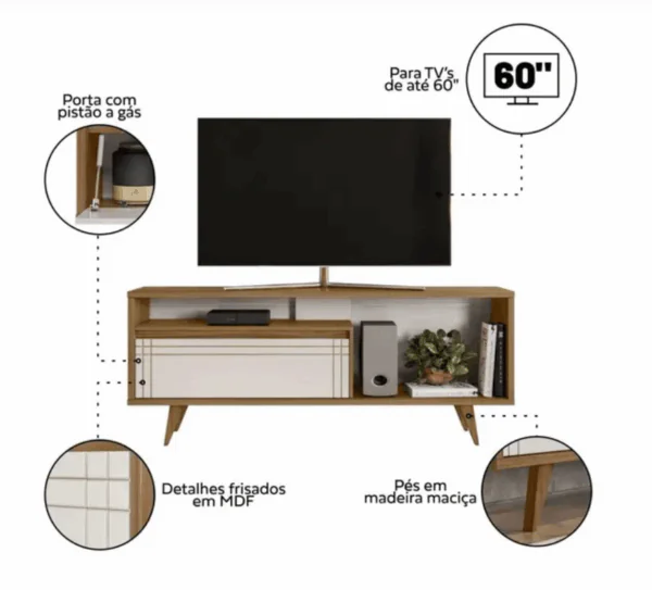 Rack para TV até 60 Polegadas Nt 1315 Porta Basculante Frisado - Notável - Imagem 2
