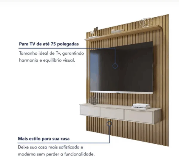 Painel Suspenso 227,6 Cm Tv até 75 Polegadas com Nicho Vitória 100 Mdf - Valdemóveis - Imagem 2