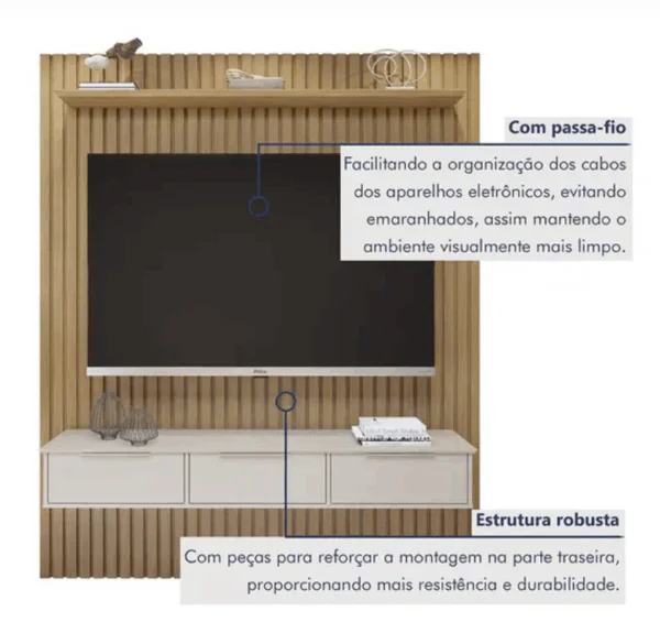 Painel Suspenso 227,6 Cm Tv até 75 Polegadas com Nicho Vitória 100 Mdf - Valdemóveis - Imagem 5